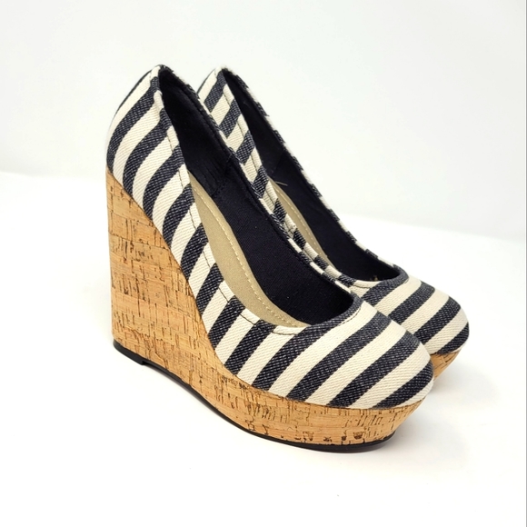 Zoey Black and Cream Fabric Striped Platform Wedge Heel Shoes Women's Size 6 - Picture 1 of 7